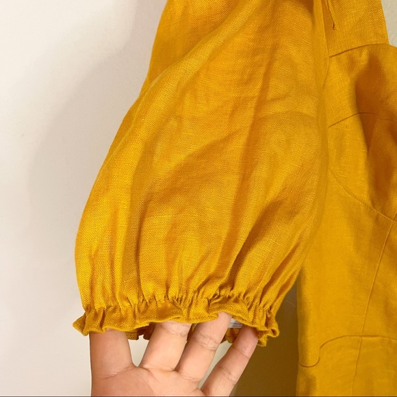 Reformation | 100% Linen Puff Sleeve Bow Tie Mustard Yellow Mini Dress Sz: 6 - Picture 4 of 9